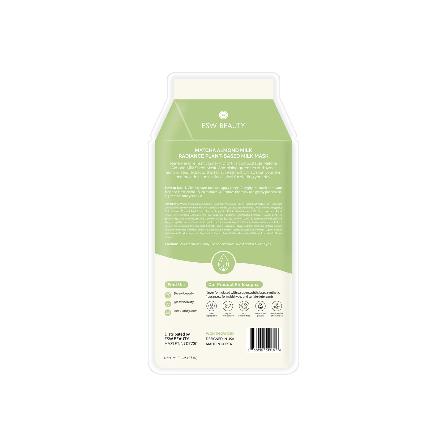 ESW BEAUTY - Matcha Almond Milk Radiance Plant-Based Milk Sheet Mask