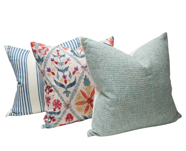 Summerville Linen Stripe + Susani Trellis + Aquamarine Textured