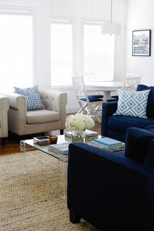 Conga Line Navy & French Blue Custom Designer Pillow on chair & sofa | Arianna Belle