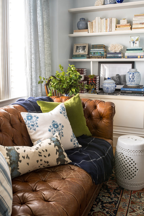 Duchamp Blue + Beatrice Bouquet Indigo + Olive Green Velvet | Arianna Belle designer pillows | living room of Stacie Flinner