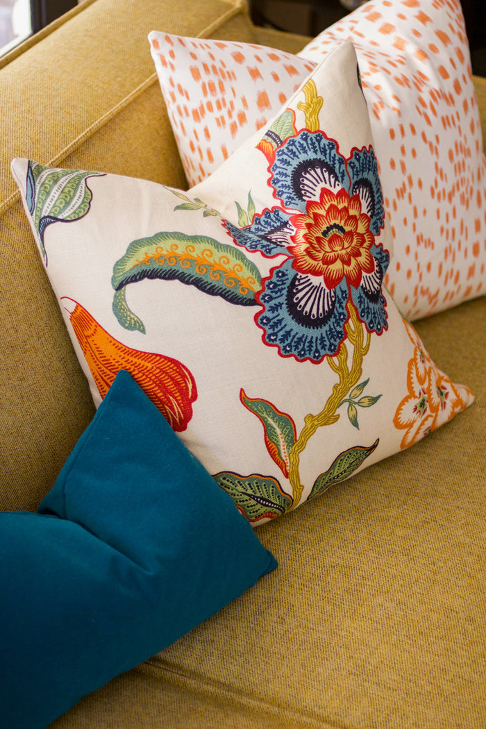 Les Touches Orange paired with the Hot House Spark and the Peacock Performance Velvet lumbar | Natalie Steen's living room