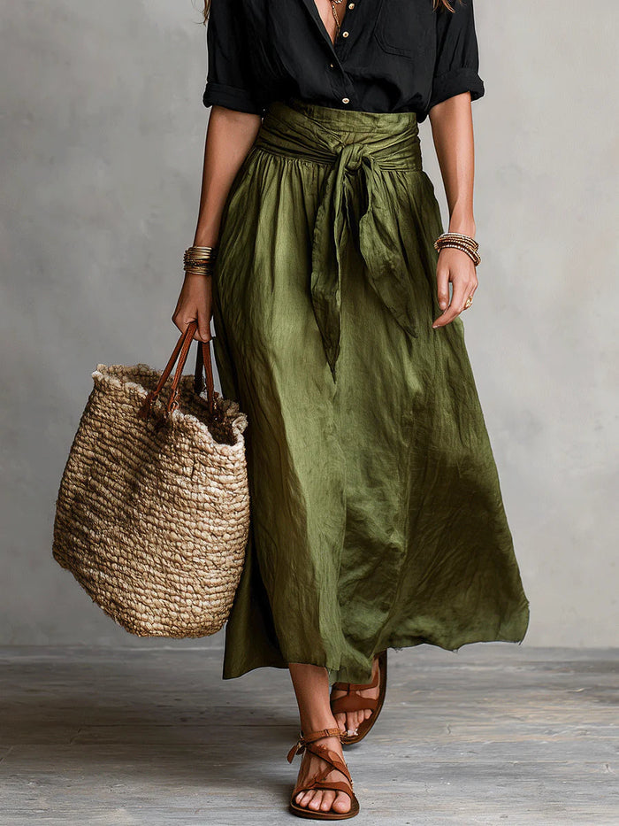 Mayla™ | Two-Piece Set: Black T-Shirt and Olive Green Midi Skirt