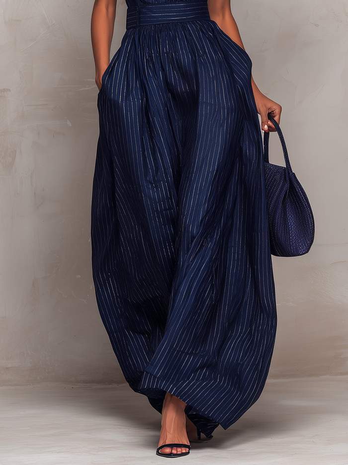Mina | Dark blue striped mono with keyhole neckline and wide-leg pants