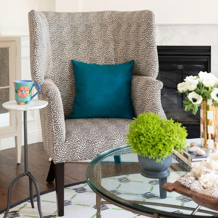 Peacock Velvet Designer Pillow on leopard chair | Linda Holt living room | Arianna Belle Shop