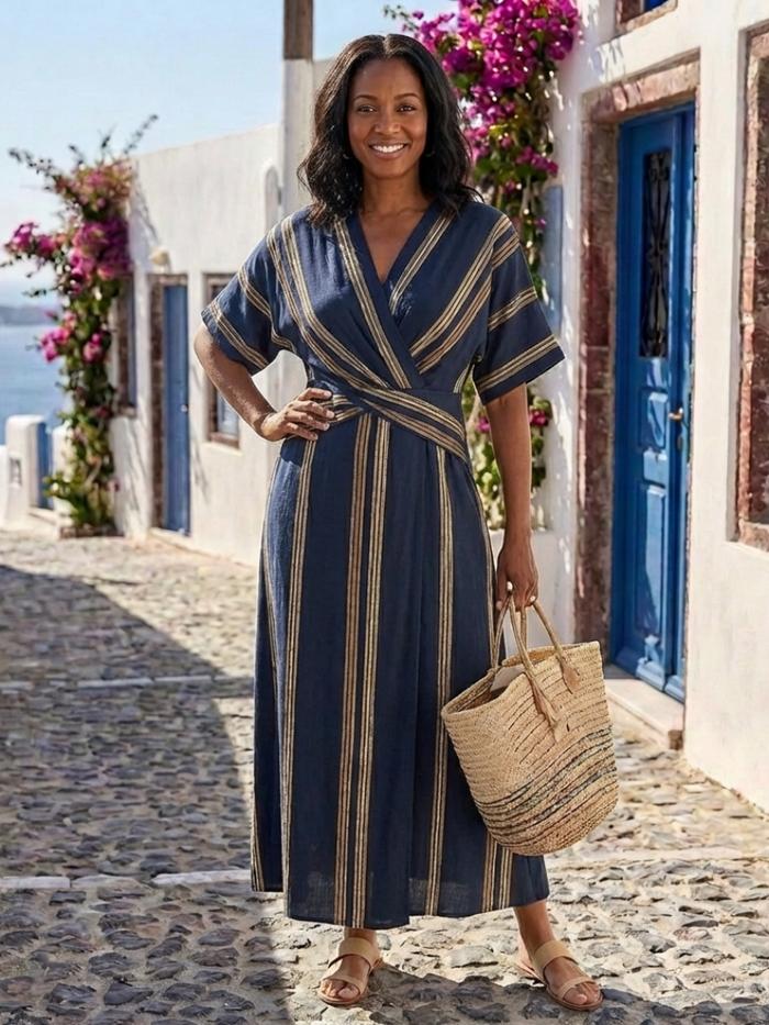 Saphira | Striped wrap midi dress with V-neck and short sleeves