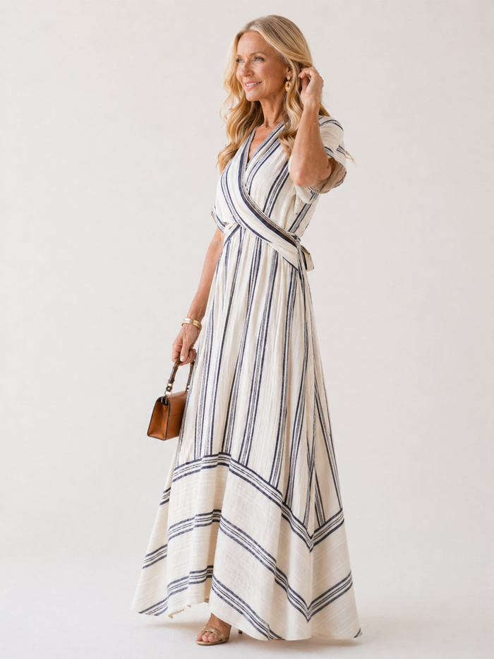Thalassa | Midi Dress with Short Sleeves, V-Neck, and Wrap Waist