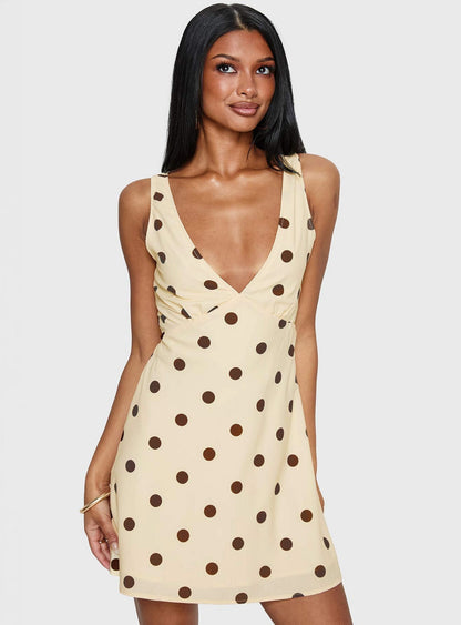 Nellie Mini Dress Lemon / Brown Polka Dot