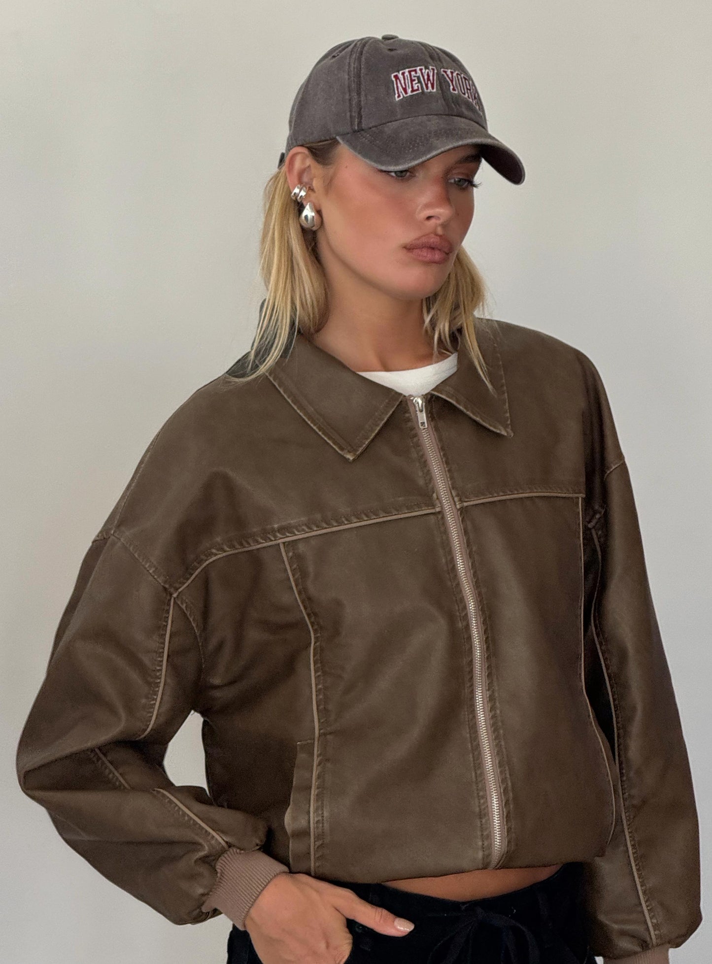Goldsmith Faux Leather Bomber Jacket Washed Dark Brown