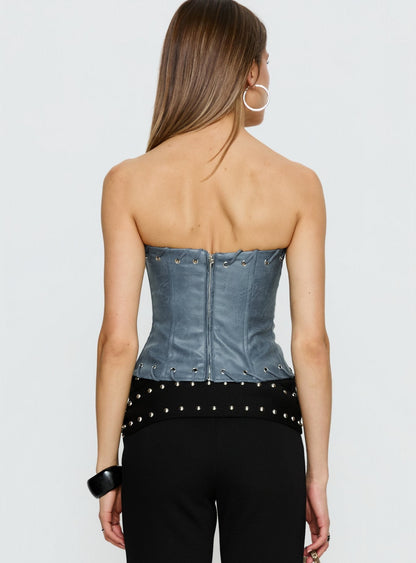 Pammie Faux Leather Strapless Top Blue