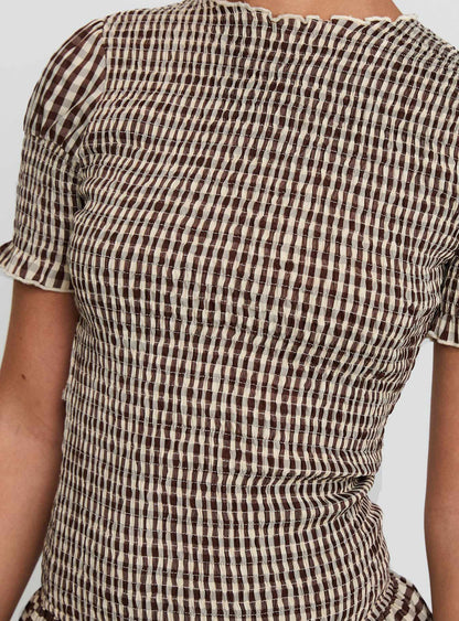 Laurita Shirred Mini Dress Brown Check