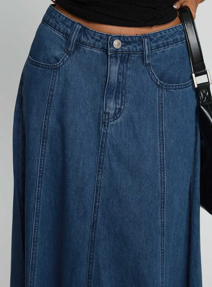 Charleigh Soft Pleat Denim Maxi Skirt Mid Blue Wash