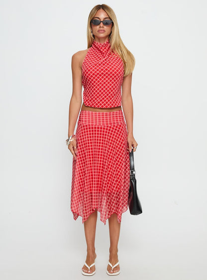 Scenic Route Asymmetrical Midi Skirt Red Check