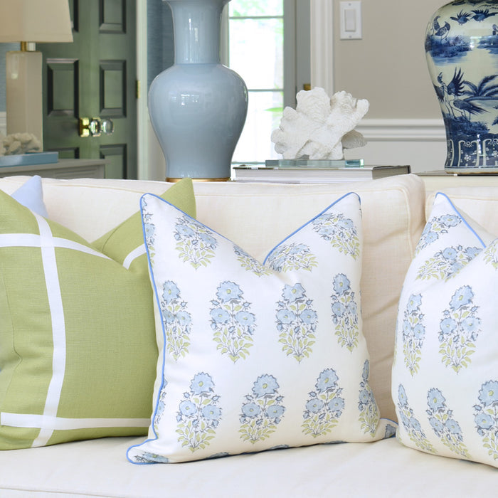 Mughal Flower Monsoon Blue and Green with Medium Blue Basic Piping Added