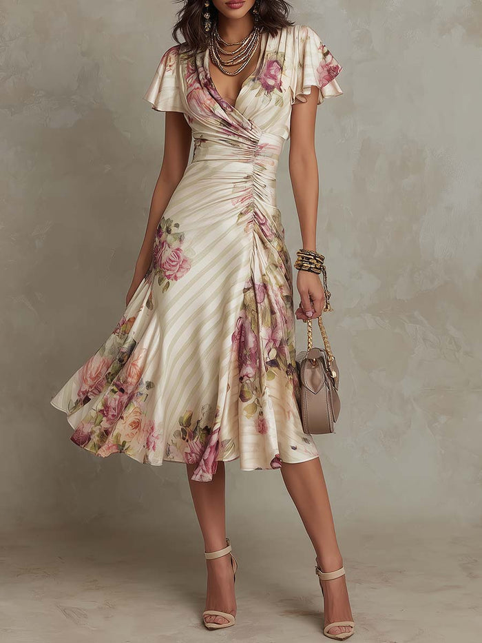 Alba - Elegant Retro Floral Satin Midi Dress