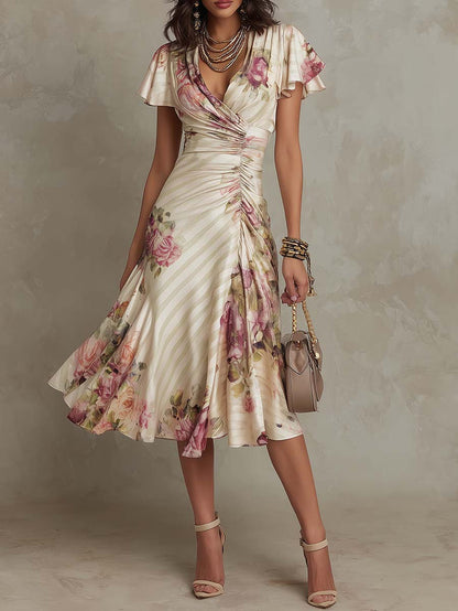 Alba - Elegant Retro Floral Satin Midi Dress