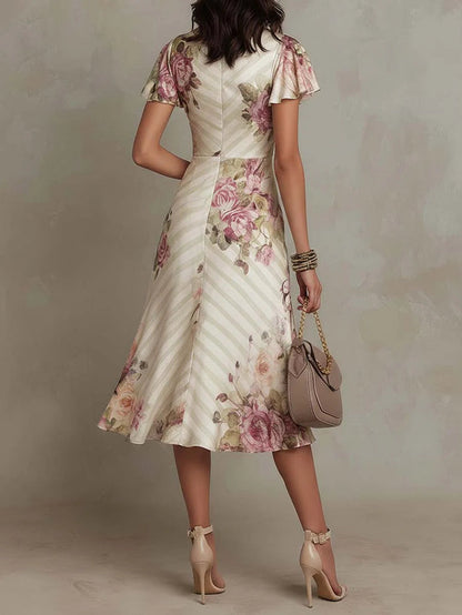 Alba - Elegant Retro Floral Satin Midi Dress