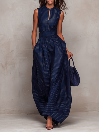 Anna - Dark Blue Striped Wide-Leg Set with Keyhole Neckline