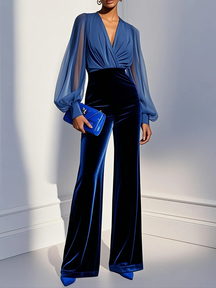 Blue mesh V-neck long sleeve jumpsuit