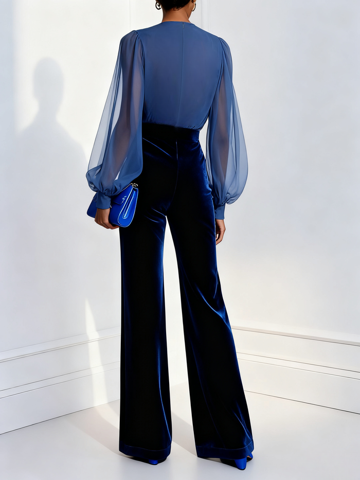 Blue mesh V-neck long sleeve jumpsuit