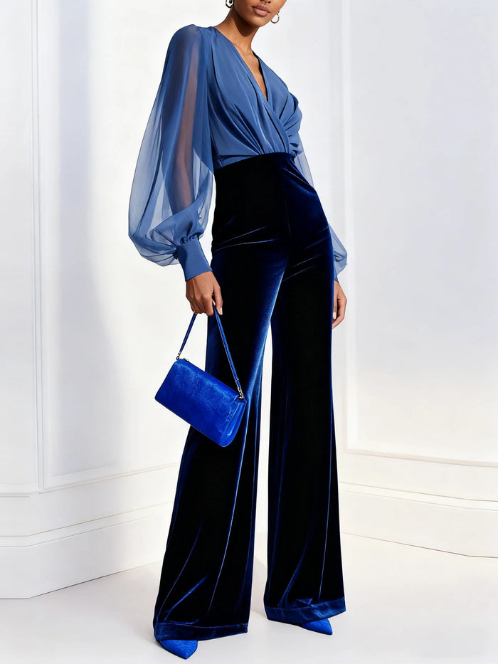 Blue mesh V-neck long sleeve jumpsuit