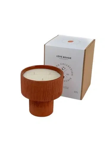 BOUGIE COUPE STRIEE TERRACOTA L/ AMBRE MANDARINE