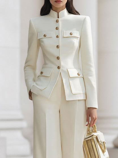 Christina - Elegant Cream Tailored Suit Set with Golden Accents