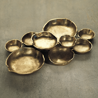 CLUSTER OF NINE ROUND SERVING BOWLS - DARK GOLD