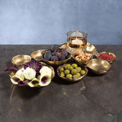 CLUSTER OF NINE ROUND SERVING BOWLS - DARK GOLD