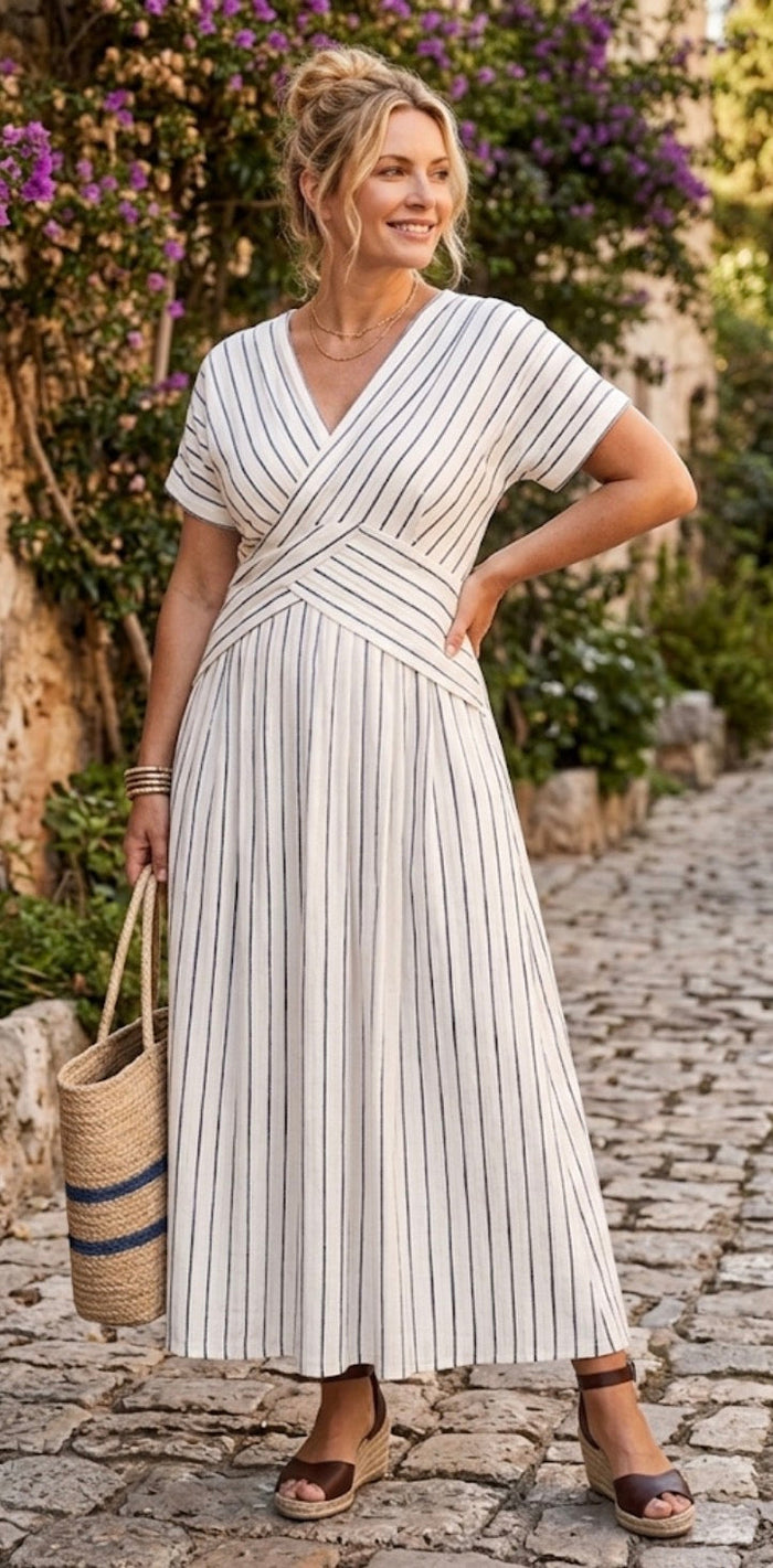 Cressida | Short Sleeve Midi Dress with V-Neck and Crossed Waist
