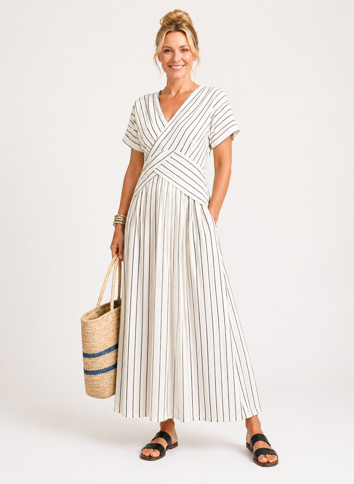 Cressida | Short Sleeve Midi Dress with V-Neck and Crossed Waist