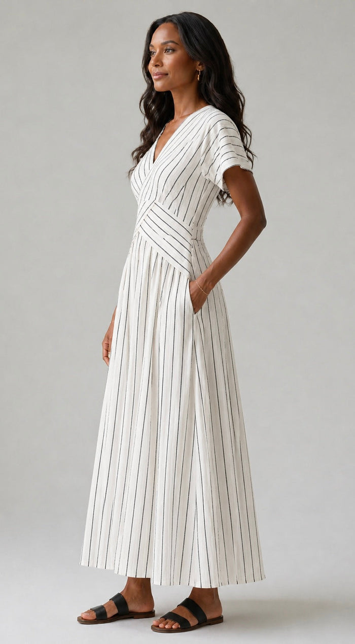 Cressida | Short Sleeve Midi Dress with V-Neck and Crossed Waist