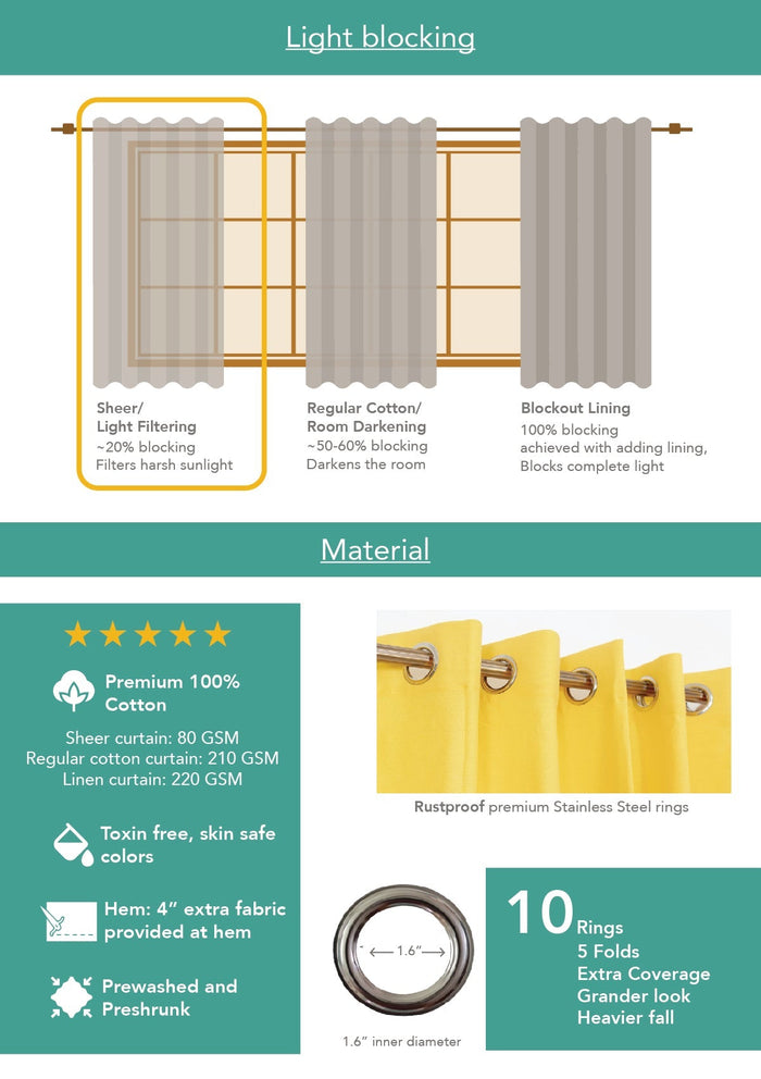 Dew 100% Sheer minimal curtain for Living room & bedroom - Light filtering - Cream - Single Piece