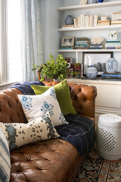 Duchamp Blue + Beatrice Bouquet Indigo + Olive Green Velvet | Arianna Belle designer pillows | living room of Stacie Flinner