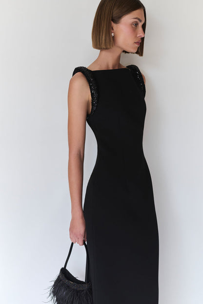 Elsie Crepe Maxi Dress With Beaded Straps - Black