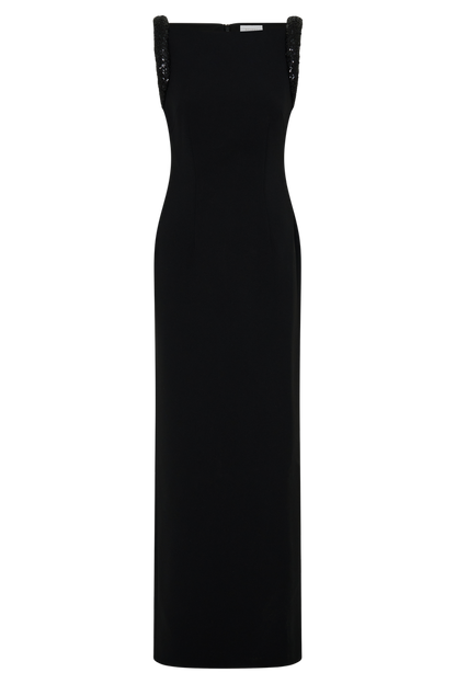 Elsie Crepe Maxi Dress With Beaded Straps - Black
