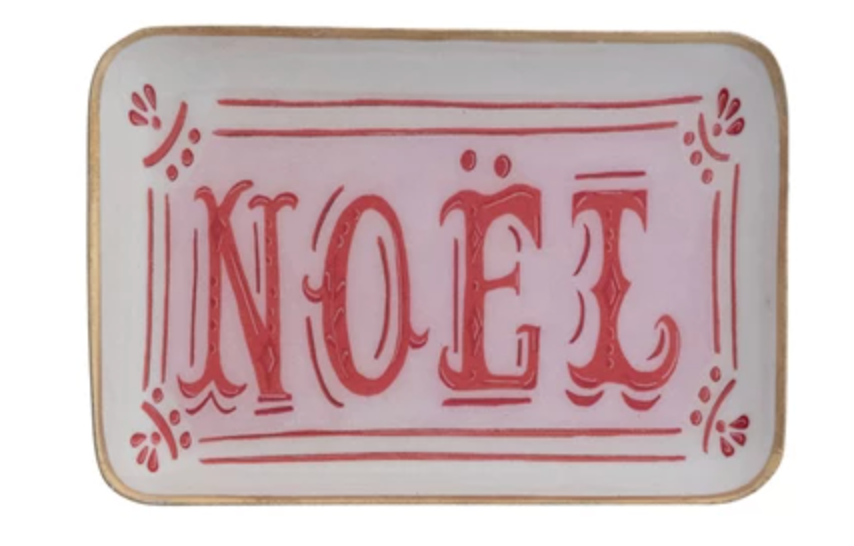Enameled Metal Tray with Holiday Saying, Image & Gold Edge, 3 Styles ©