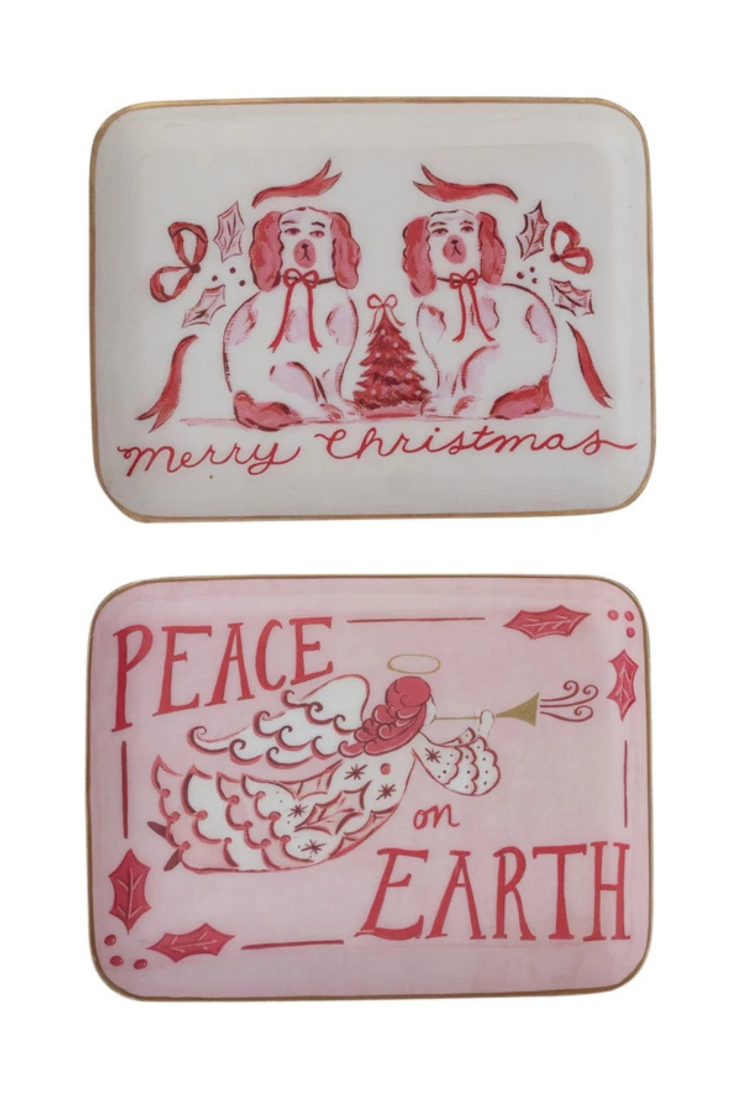 Enameled Metal Tray with Holiday Saying, Image & Gold Edge, 2 Styles ©