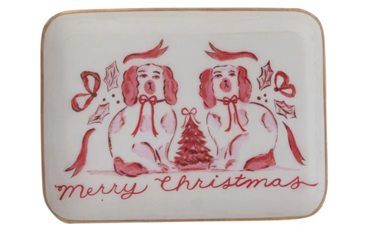 Enameled Metal Tray with Holiday Saying, Image & Gold Edge, 2 Styles ©