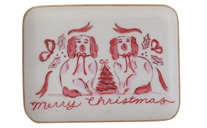 Enameled Metal Tray with Holiday Saying, Image & Gold Edge, 2 Styles ©