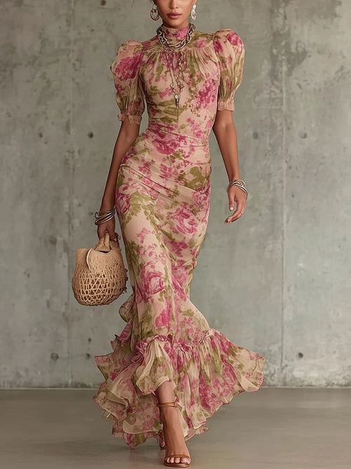 Fiora - Long dress with vintage rose print and puff sleeves
