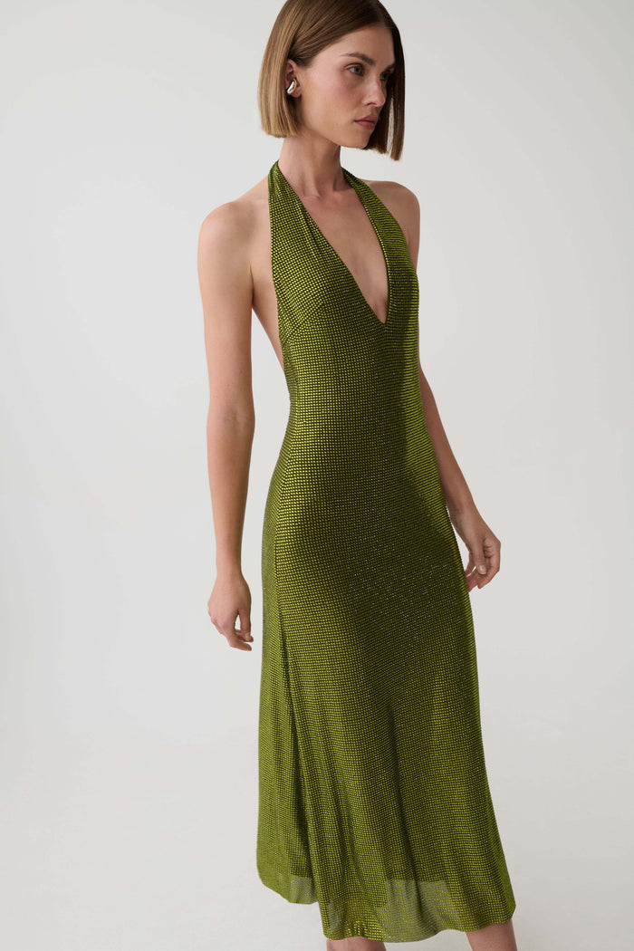 Genie Diamante Halter Midi Dress - Olive