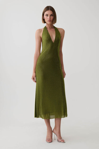 Genie Diamante Halter Midi Dress - Olive