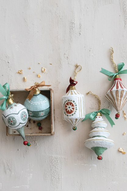 Hand-Painted Paper Mache Ornament with Bow & Design, 5 Styles