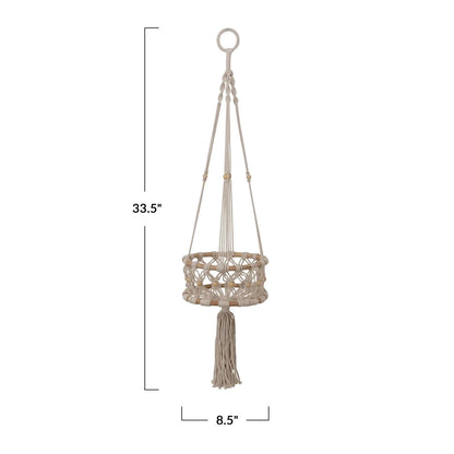 Hand-Woven Cotton Macrame & Rattan Plant Hanger With Wood Beads
