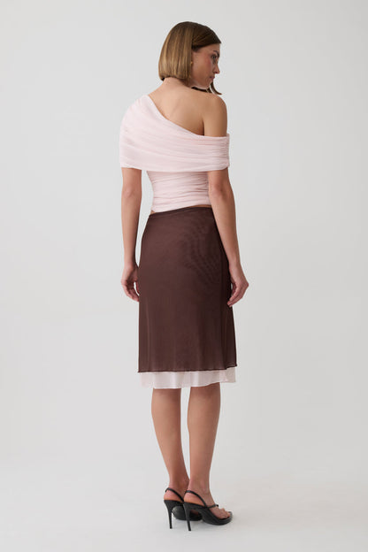 Janet Mesh Midi Skirt - Pale Pink/Chocolate
