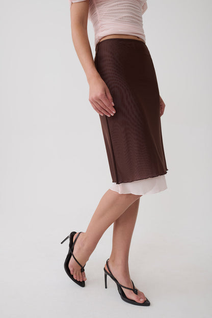 Janet Mesh Midi Skirt - Pale Pink/Chocolate