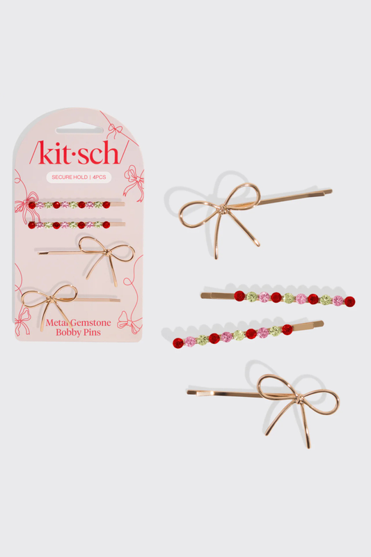 KITSCH - Gemstone and Bow Bobby Pins 4pc Set
