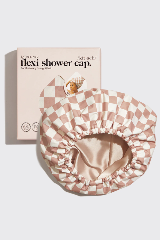 KITSCH - Satin Lined Flexi Shower Cap - Terracotta Checker