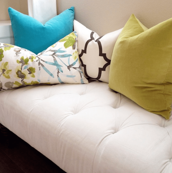 Turquoise Velvet, Kudzu Floral, Riad Clove, & Apple Green Performance Velvet Custom Designer Pillow combo on sofa | Arianna Belle