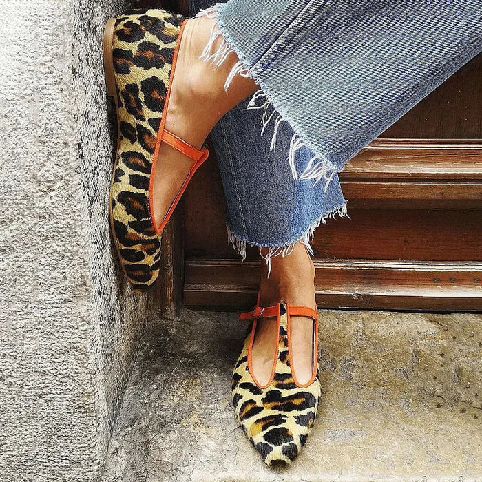 LEOPARD BALLET FLATS WITH ANKLE STRAP
